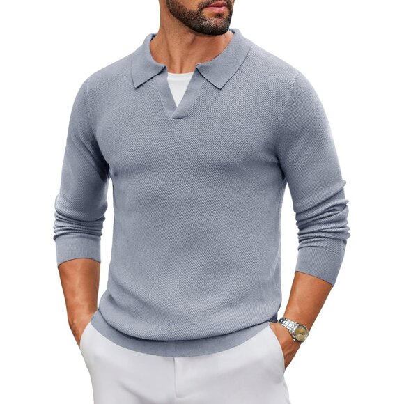 Men's Knit Polo Long Sleeve V-Neck Pullover Sweaters Collared Knitted Light Grey - Picture 1 of 6